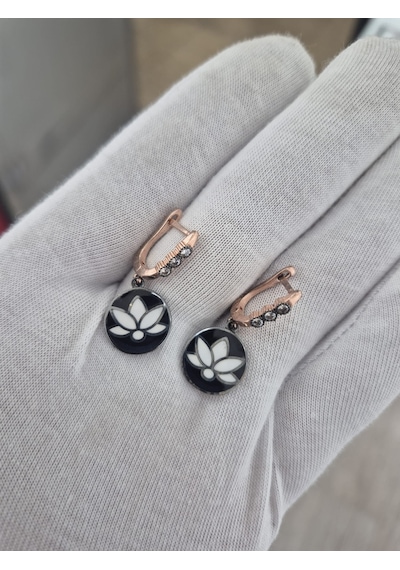 925 Ayar Elmas Lotus Küpe.rose.gold.rodaj Gümüş