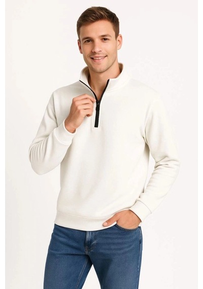 Freedom Storee Erkek Dik Yaka Yarım Fermuarlı 3 İplik Pamuklu Sweatshirt - Beyaz Çok Renkli