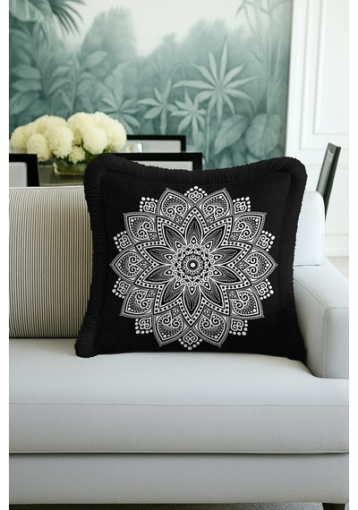 Mandala Motifli Saçaklı Yastık Kılıfı - Etnik Siyah Beyaz Bohem Püsküllü Kırlent Kılıfı Orman Limon Sarısı