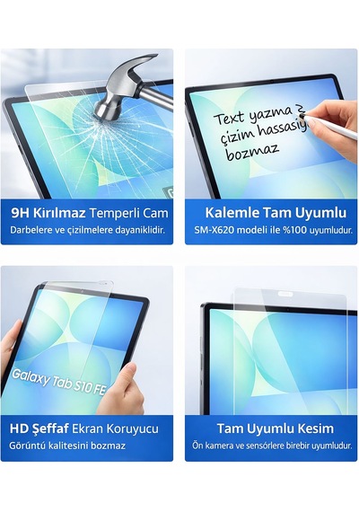 Samsung Galaxy Tab S10 Fe Plus S10 Fe+ Tamperli Cam Ekran Koruyucu Kalemle Tam Uyumlu 9h Kırılmaz Cam