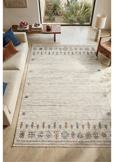 Merinos Valeria Serisi Etnik Desenli Salon Oturma Odası Halısı Hav Toz Vermez Dokuma Taban 91003-060 Krem