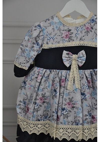 Dantelliçıtır Çiçek Desenli Vintage Elbise Mavi