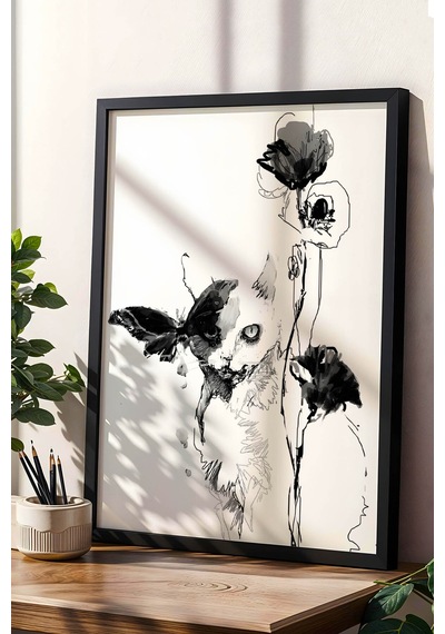 Modern Sanatsal Kedi Ve Kelebek Çerçeveli Tablo - Minimalist Monochrome Duvar Dekoru Siyah