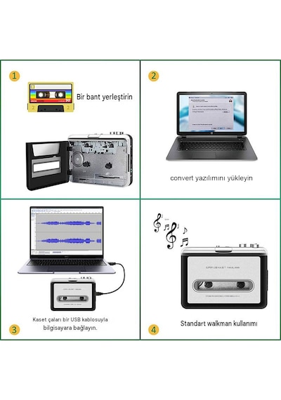 Taşınabilir Pilli Kaset Çalar Kasetten Mp3 Dönüştürücü Usb'den Pc'ye Aktarma