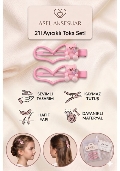 2'li Set Kalp Tasarımlı Sevimli Hayvan Figürlü Çocuk Klips Toka Farklı Renk Seçenekli Pembe