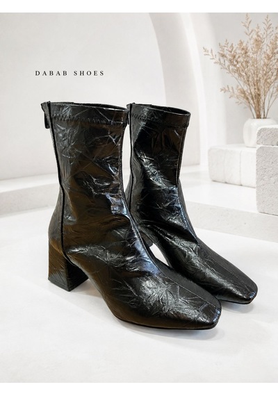 Dabab Shoes Janıce Kadın Siyah Küt Kare Burun Kırışık Desenli Rugan Streç Arkadan Fermuarlı 6 Cm Kalın Topuklu Bot Bootie