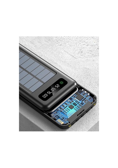 10000 Mah Powerbank Göstergeli Powerbank Solar Powerbank Güneş Enerjili Fenerli 4 Çıkışlı Siyah
