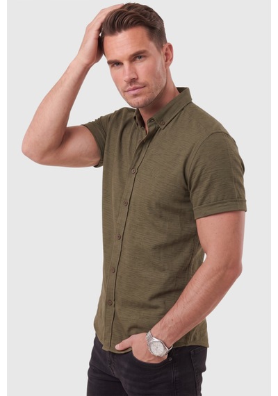Rizzup Erkek Slim Fit Likralı Jakar Dokulu Haki Kısa Kol Gömlek Esnek Nakış Armalı 2604356