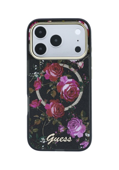 Apple iPhone 18 Pro Uyumlu Kılıf Guess Lisanslı M-safeli Gül Desenli Simli Yazı Logolu Kapak Siyah
