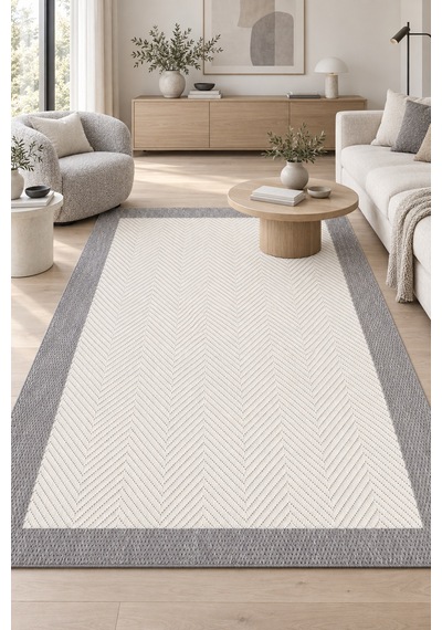 Kesit Modern Sisal Görünümlü Polyester Halı Krem Gri Robot Süpürgeye Uyumlu Kolay Temizlenebilir Mutfak Oturma Odası Koridor Halısı Krem/gri