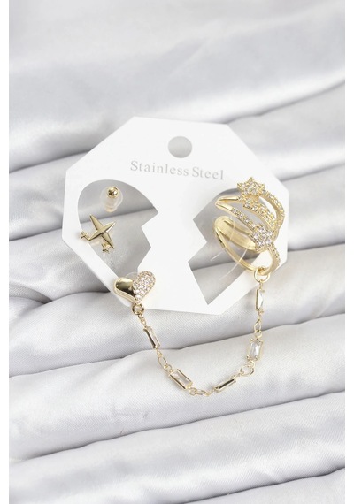 Ers Kalp Yıldız Model Pirinç Gold Renk Zincir Bağlantılı Ear Cuff Küpe Seti Tcxbkp11547 Çok Renkli