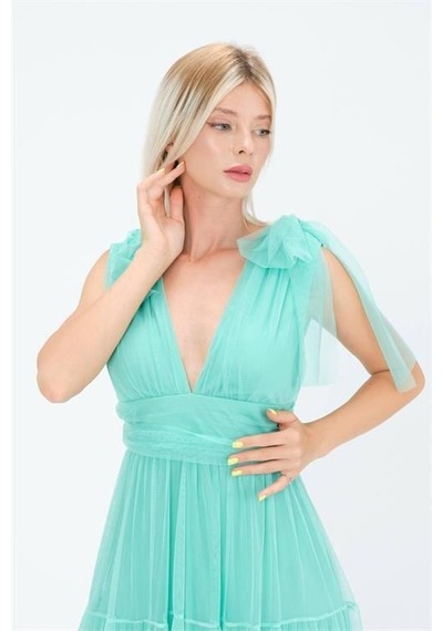 Dip Moda Kadın Kırmızı Korsajlı V Yaka Tül Abiye Elbise Dpnbs9271 Mint