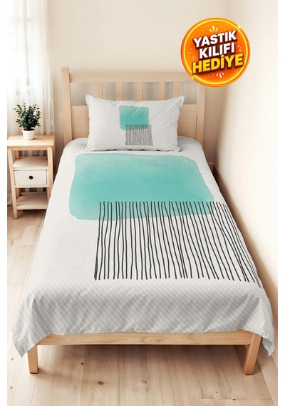 Mint Geometrik Modern Genç Odası Tek Kişilik Pike Takımı - Çizgili Antrasit 160x220 Cm Yatak Örtüsü Killi Anı Işıltısı