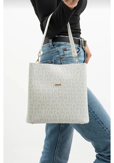 Just Polo Kadın Monogram Baskılı El Ve Omuz Çantası Ebat 25 X 25 Beyaz