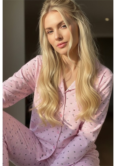 Siyah İnci Mevsimlik İnce Düğmeli Örme Pijama Takım 7978 Pembe Gri Çizgili