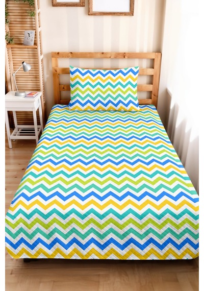 Mavi Zigzag Geometrik Genç Odası Tek Kişilik Pike Takımı - Renkli 160x220 Cm Kapitone Yatak Örtüsü Bohem Kil Kabuğu