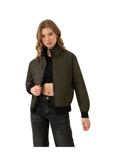 Firststops Kadın Haki Dik Yaka Su Ve Rüzgar Geçirmez Oversize Crop Mevsimlik Yağmurluk Rüzgarlık Haki