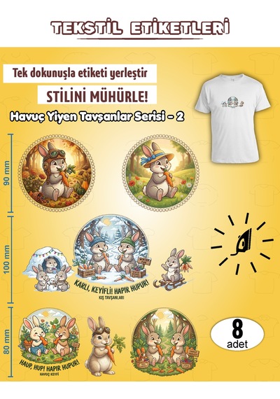 Ütü İle Yapışan Kıyafet Etiketi Havuç Yiyen Tavşanlar Serisi-2 8li Set Karışık