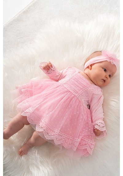 Pembe Dantelli Kız Bebek Tül Elbise Pembe
