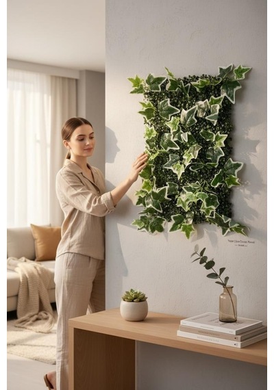 Yapay Çiçek Duvar Kaplama Panel Yeşilbeyaz Sarmaşık Hedera Tabaka 40x60cm Dik Duvar Uygulama Yeşil