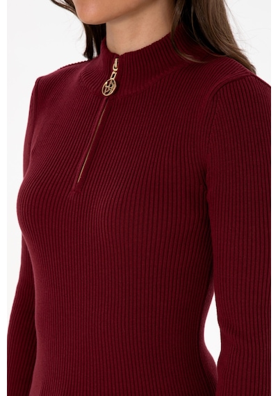 U.S. Polo Assn. Kadın Bordo V Yaka Fermuarlı Kazak 50316869-VR014