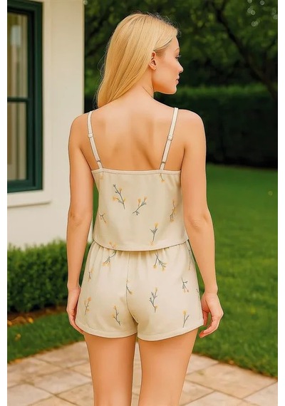 Ang Butik Kadın Gri Çiçek Desenli Askılı Şortlu Pijama Takımı