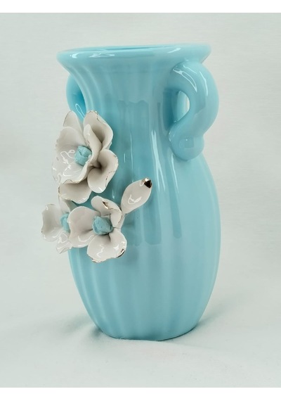 Tutku Porselen Kabartma Çiçek Desenli Mavi Kulplu Vazo Mavi