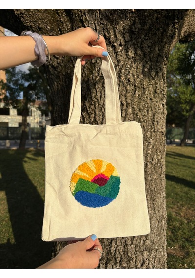 Bolergıashop Amanecer Tasarım Canvas Omuz Çantası Bej - Kırmızı Punch İşleme
