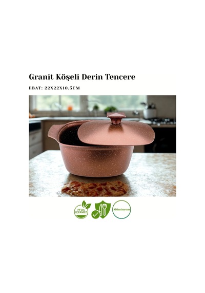 Katre 22 Cm Granit Köşeli Derin Tencere Alüminyum Kapak - Koyu Bakır