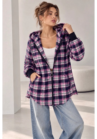 Bb Butik Basic Kapüşonlu Fermuarlı Oversize Ekose Oduncu Gömlek Ceket Kadın Rahat Mevsimlik Günlük Tr0935 Fuşya