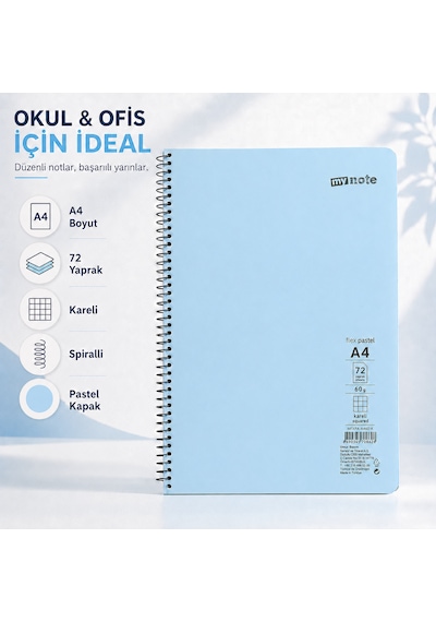 Mynote Flex Pastel A4 72 Yaprak 60 Gr Spiralli Kareli Defter Açık Mavi