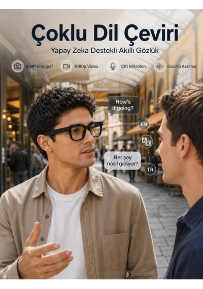 Çoklu Dil Çeviri Destekli Yapay Zeka Kameralı Akıllı Gözlük 8 Mp 1080p