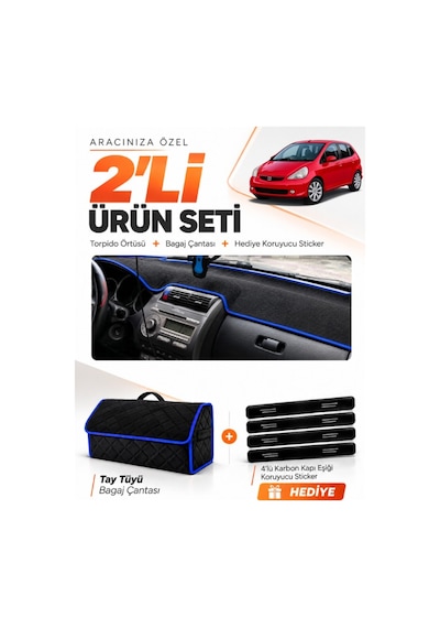 Honda Jazz 2002-2008 Uyumlu Torpido Örtüsü + Tay Tüyü Bagaj Çantası + Sticker Seti - Siyah Mavi