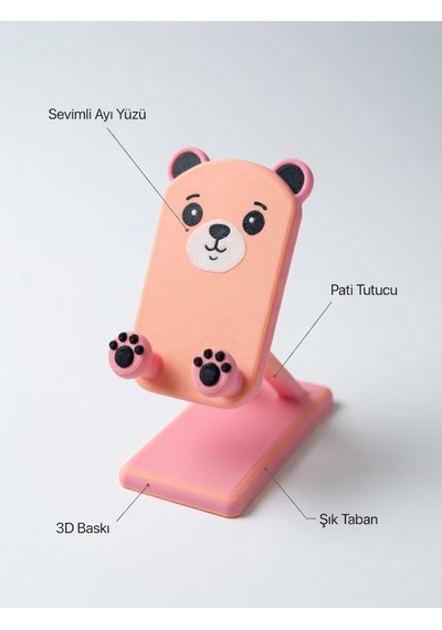 Pati Ve Ayı Tasarımlı Sevimli Telefon Standı - Yavruağzı Pembe - Çocuklara/hayvan Severlere