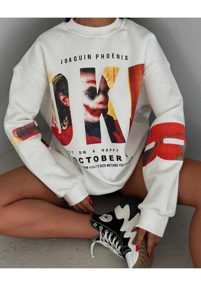Startmore Adrift Joker Renkli Oversize Bisiklet Yaka Pamuklu Sweatshirt Beyaz Beyaz