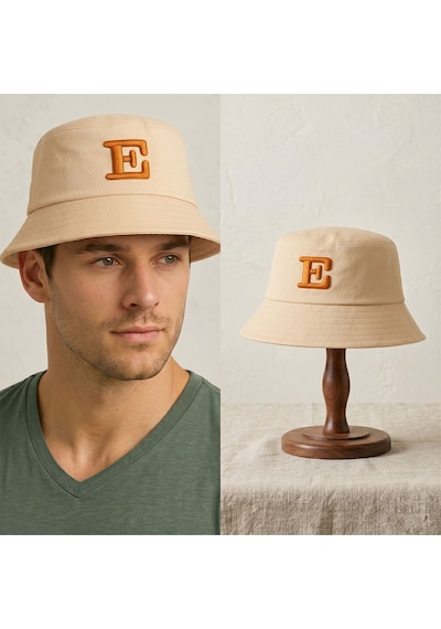 Bk Gift Kişiye Özel Harf Nakışlı Unisex Bucket Şapka Krem Pamuk Gabardin Kumaş Yazlık Şapka