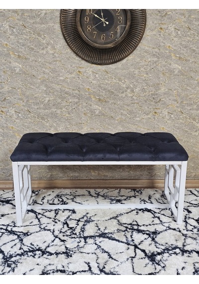 Zafir Beyaz Boyalı İçi Kareli Diktörtgen 100 Cm X 40 Cm Oturak Puf - Bench - Makyaj Oturağı - Oturak Füme