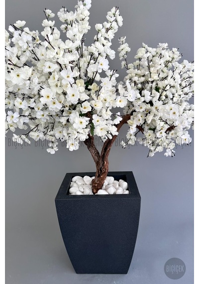 Biçiçek Yapay Beyaz Sakura Ağacı 100 Cm Bahar Dalı Antresi̇t Kare Saksıda