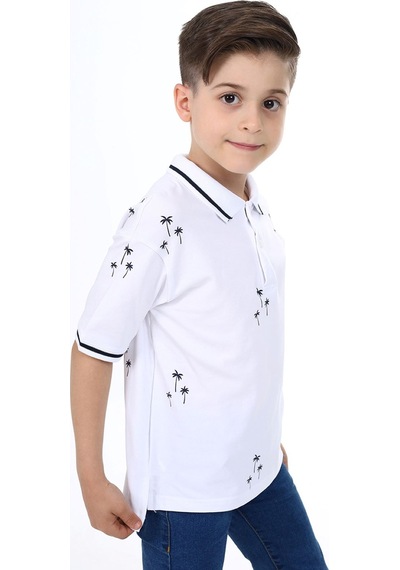 Toontoy Kids Toontoy Erkek Çocuk Baskılı Polo Yaka Düğmeli Kısa Kollu Tişört Beyaz