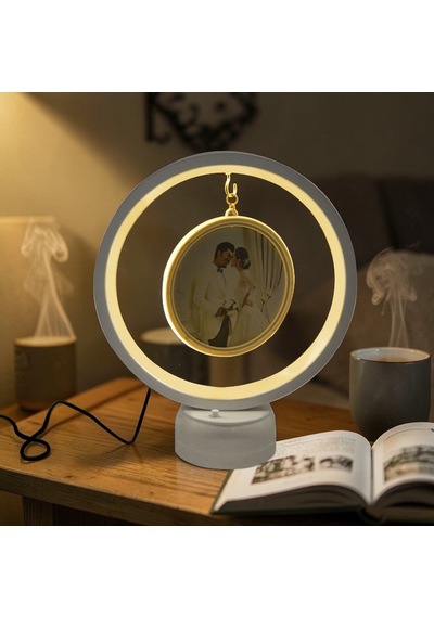 Led Işıklı Yuvarlak Fotoğraf Çerçevesi Kişiye Özel Fotoğraf Baskılı Resimli Gece Lambası Beyaz
