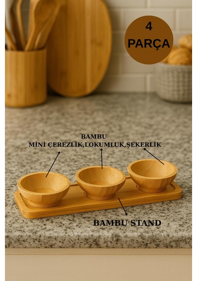 3 Lü Bambu Standlı Mini Lüx Sunum Çerezlik Servis Kasesi Lokumluk Şekerlik Bambu