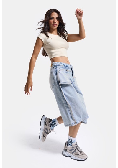 Itsbasic Kadın Ice 4s6-3 Maxi Baggy Bermuda Tasarım Denim Jort Ice Rengi