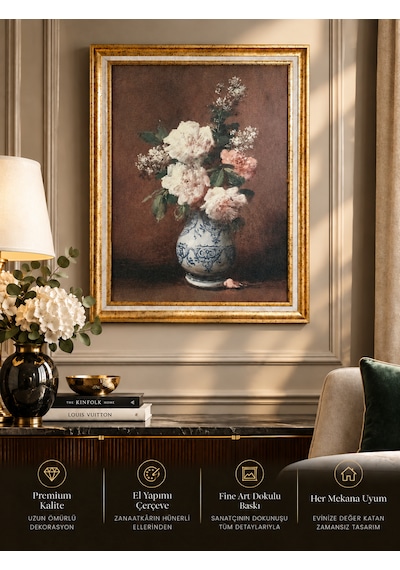 Vintage Gold Çerçeveli Çiçek Tablo 60x80 Cm Dokulu Sanat Baskısı, Klasik Lüks Salon Ve Duvar Dekoru