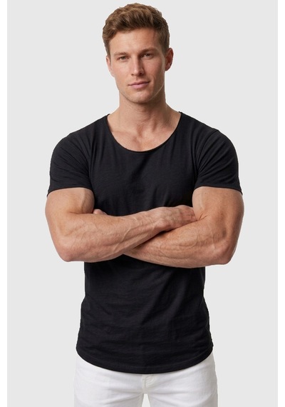 Deepsea Erkek Siyah Geniş Yaka Likralı Tişört Oval Yaka Slim Fit Eteği Oval Açık Yaka T-shirt 1801199 Siyah