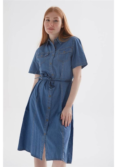 Fashion Friends Kısa Kollu Kemerli Midi Denim Elbise Elbise 24y0108k1 Mavi