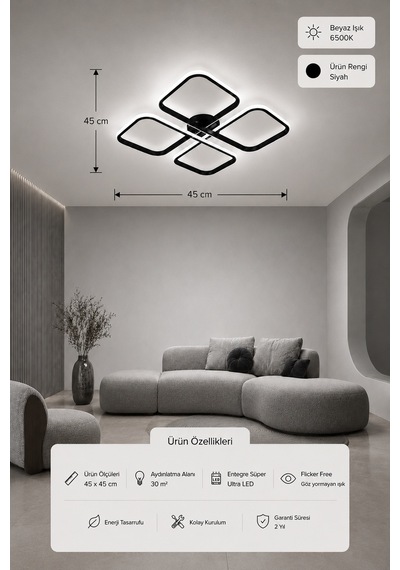 Nuvo Led Plafonyer Avize Beyaz Işık Siyah