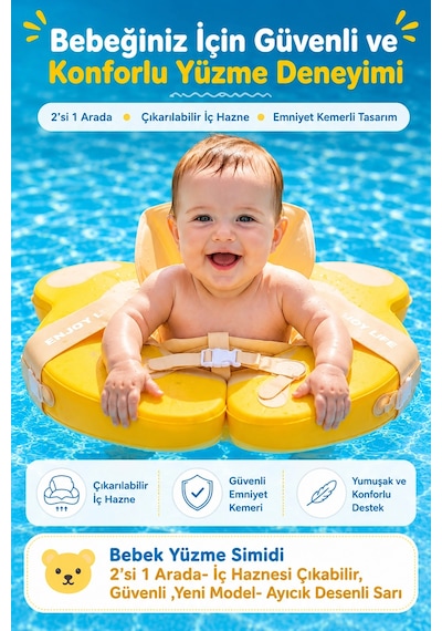 Bebek Yüzme Simidi 2'si 1 Arada- İç Haznesi Çıkabilir, Güvenli ,yeni Model- Ayıcık Desenli Sarı Ld00