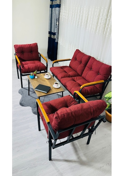 Madame Home Kaktüs Balkon, Bahçe,teras,cafe - Salon - Metal Kanepe Koltuk Takımı - 2 1 1 Sehpa Bordo