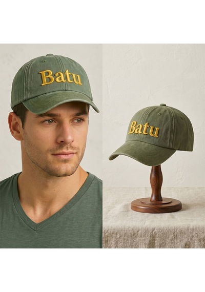 Bk Gift Kişiye Özel İsim Nakışlı Vintage Haki Beyzbol Şapkası Unisex Eskitme Kumaş Metal Tokalı