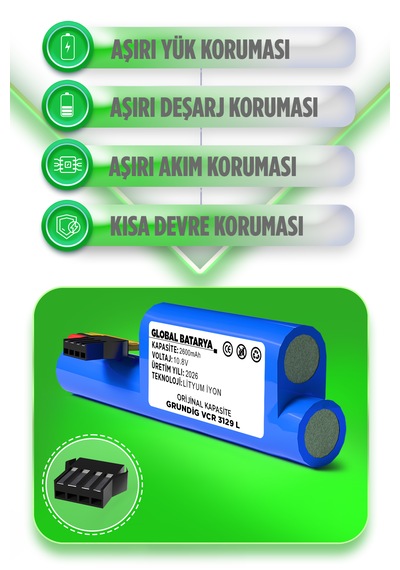 Grundig Vcr 3129 L Uyumlu Robot Süpürge Bataryası 10.8v 2600mah Li-ion Pil  Kapasite